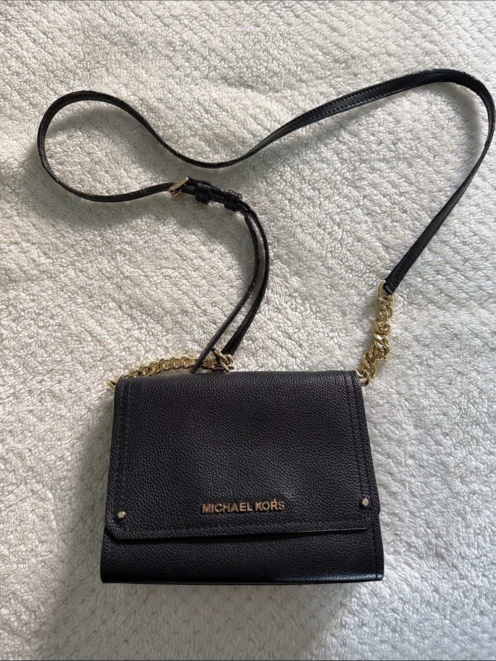 Michael Kors Black Leather Crossbody with Gold Chain Accents